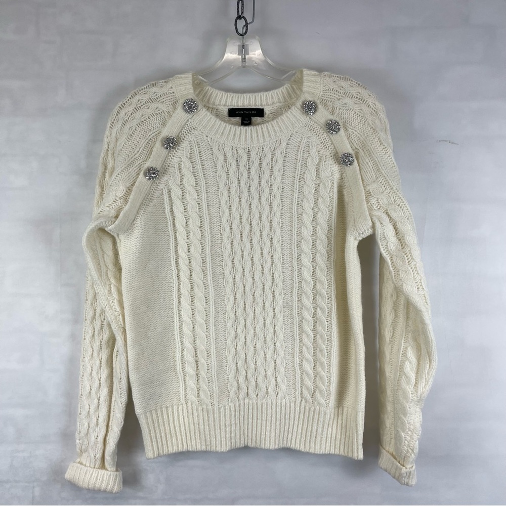 Ann Taylor Cable Knit White Sweater Rhinestone Button Shoulder Pullover XS